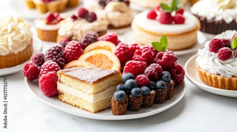 Delicious Assortment of Cakes and Berries on a White Plate Delicious Assortment of Cakes and Berries on a White Plate