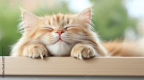 Fototapeta samoprzylepna Happy Ginger Cat Relaxing on Window Sill  Peaceful Feline  Cute Pet  Cozy Home