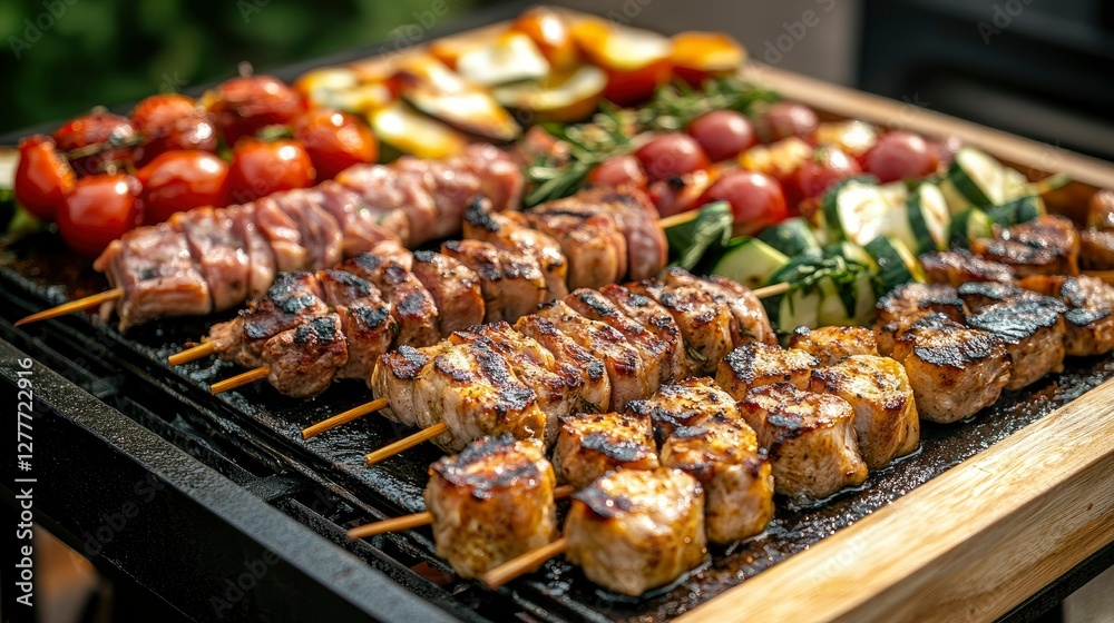 Delicious Grilled Skewers with Vegetables on a Barbecue Delicious Grilled Skewers with Vegetables on a Barbecue