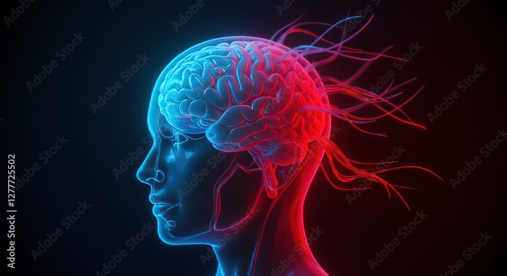 Neon Brain: Intricate Cerebral Anatomy in Vivid Red and Blue Neon Brain: Intricate Cerebral Anatomy in Vivid Red and Blue