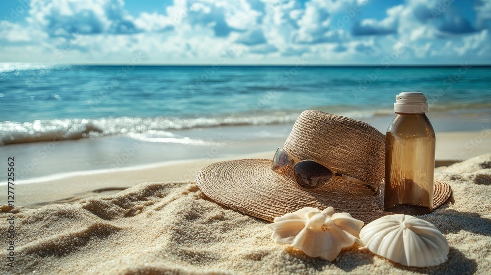 Summer Relaxation on Tropical Beach Straw Hat, Sunglasses, Sunscreen, and Seashells Summer Relaxation on Tropical Beach Straw Hat, Sunglasses, Sunscreen, and Seashells
