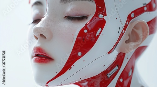 Futuristic human-like robot with red and white faceplate design