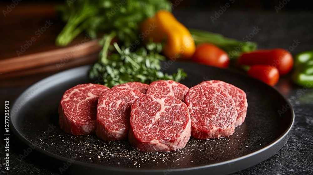 Fresh marbled beef cuts on a plate, surrounded by colorful vegetables. Fresh marbled beef cuts on a plate, surrounded by colorful vegetables.