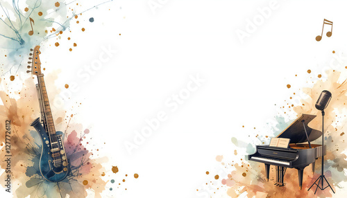 artistic watercolor splashes of music instrument border frame