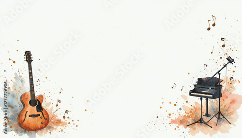 artistic watercolor splashes of music instrument border frame