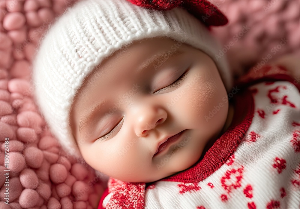 A close-up of an adorable newborn baby sleeping on a red blanket, wearing a white cap and onesie with colorful patterns A close-up of an adorable newborn baby sleeping on a red blanket, wearing a white cap and onesie with colorful patterns