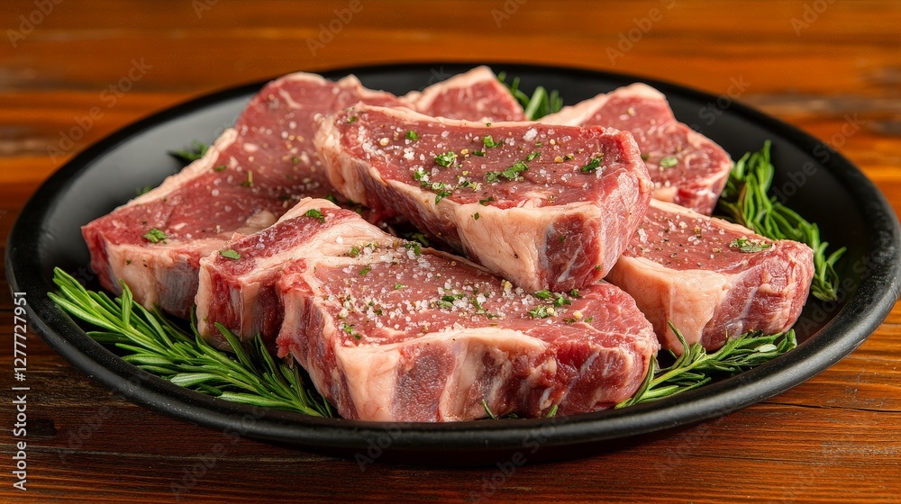Fresh raw meat cuts arranged on a plate, garnished with herbs and spices. Fresh raw meat cuts arranged on a plate, garnished with herbs and spices.
