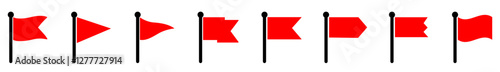 Red flag icons collection set on white background. Red flag warning icon set for alert messages. Set of different red flag vector shapes. Hazard emblem minimal vector graphic. Vector illustration 