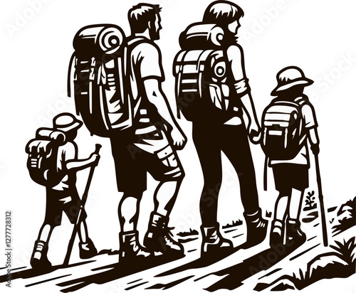 Family with Kids on Forest Path – Flat Vector