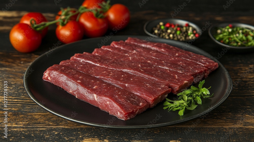 Fresh raw meat slices accompanied by tomatoes and spices on a dark wooden surface. Fresh raw meat slices accompanied by tomatoes and spices on a dark wooden surface.