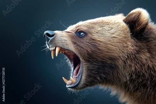 Close-up of a roaring brown bear, displaying sharp teeth and powerful jaws, against a dark background.