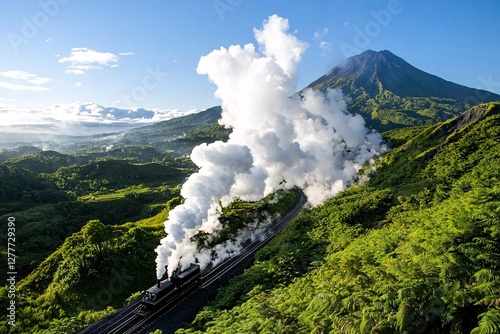 High carbon emission concept. A steam locomotive travels through lush green hills with a dramatic volcano in the background and a clear blue sky above. photo