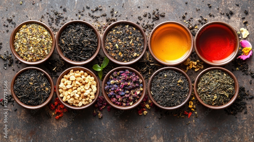 Assortment of Dried Teas and Brewed Tea in Bowls Assortment of Dried Teas and Brewed Tea in Bowls