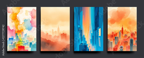  Set of Smart city and communication network concept. IoT (Internet of Things). Telecommunication. vector painting Illustration.