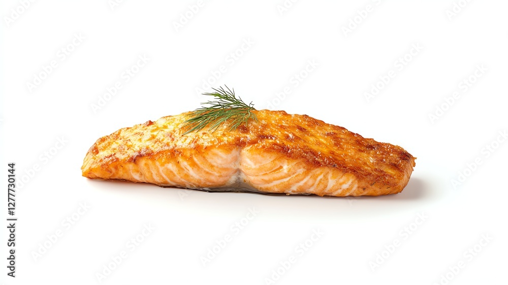 Perfectly cooked salmon fillet with golden crust, fresh dill garnish, on white background. Gourmet, flaky, and vibrant. Ideal for food blogs, ads, and menus. Perfectly cooked salmon fillet with golden crust, fresh dill garnish, on white background. Gourmet, flaky, and vibrant. Ideal for food blogs, ads, and menus.
