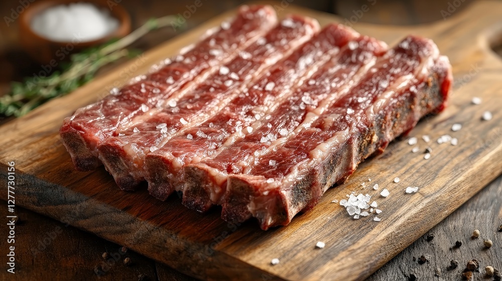 Freshly cut beef ribs seasoned with salt on a wooden cutting board. Freshly cut beef ribs seasoned with salt on a wooden cutting board.