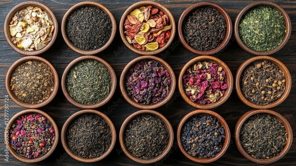 Assortment of Dried Herbal Teas in Wooden Bowls on Dark Wood Background Assortment of Dried Herbal Teas in Wooden Bowls on Dark Wood Background