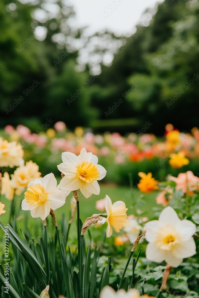 Daffodils blooming in flower garden with trees in background for advertising Daffodils blooming in flower garden with trees in background for advertising
