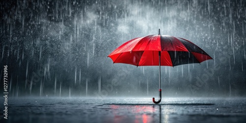 A solitary red and black umbrella stands bravely against a torrential downpour, its reflection shimmering on the wet ground.