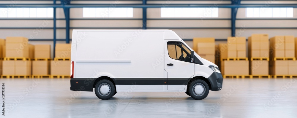 Naklejka premium White Delivery Van Side View in a Warehouse Environment with Boxes in Background