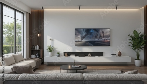 Modern minimalist living room with large tv and stylish decor elements