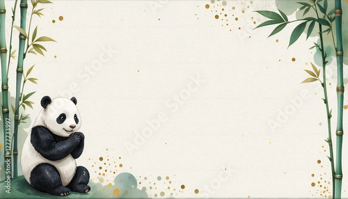 watercolor splashes of panda with the bamboo border frame