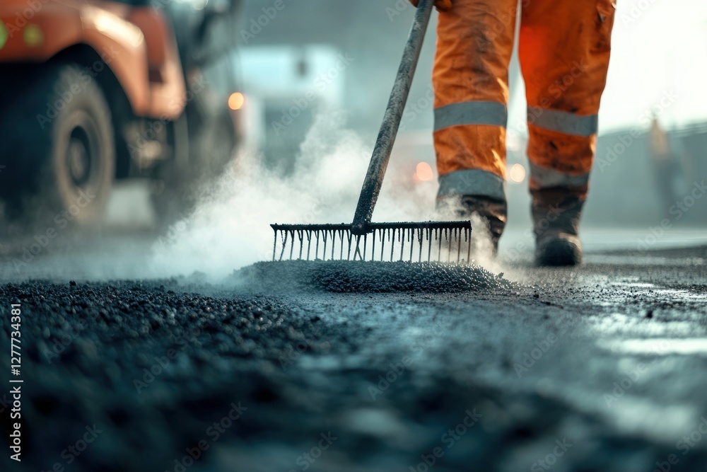 Close-up of a worker spreading asphalt with a rake during road construction, steam rising from the fresh surface, bright orange safety vest, urban environment Close-up of a worker spreading asphalt with a rake during road construction, steam rising from the fresh surface, bright orange safety vest, urban environment