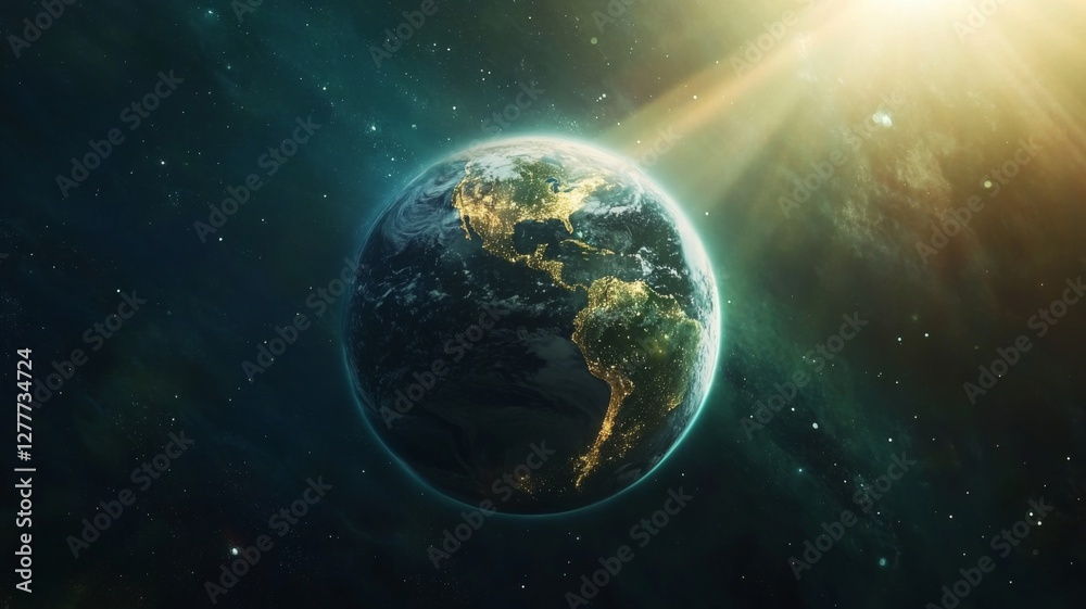 Overview of Earth illuminated by city lights during nighttime with sun rays shining from above in space