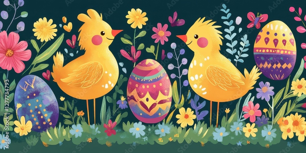 Obraz premium Two easter chicks among colorful eggs and flowers in spring