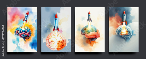 Set of The human brain and head has a rocket coming out of the earth. Business start up ideas. vector painting Illustration.