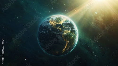 Obraz na płótnie Overview of Earth illuminated by city lights during nighttime with sun rays shining from above in space w salonie