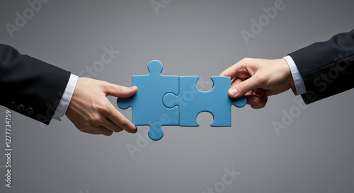 Jigsaw puzzle piece held by two business people in suits completing business agreement. Team collaboration in business with jigsaw puzzle piece photo