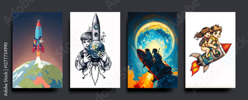 Set of The kids a rocket going out of the earth. E-learning and Business start up ideas. innovation and leader concept. vector acrylic painting Illustration.
