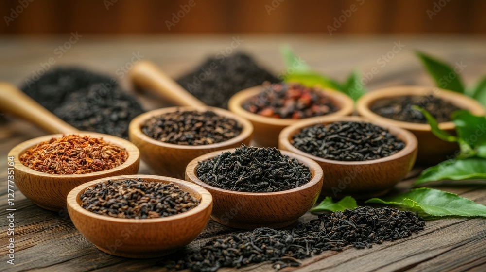 Assortment of Dried Tea Leaves in Wooden Spoons on Rustic Wooden Table Assortment of Dried Tea Leaves in Wooden Spoons on Rustic Wooden Table