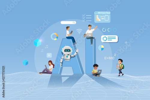 AI robot communicate with users searching data and develop smart solution in business, education and entertainment. Smart working with artificial intelligence innovation technology. Vector. 