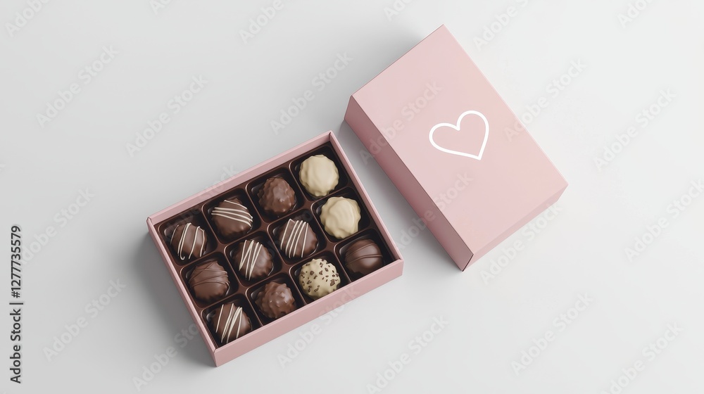 Minimalist chocolate box set with pastel pink wrapping, simple heart illustration on the lid, assorted pralines inside, perfect for Valentine's, white background Minimalist chocolate box set with pastel pink wrapping, simple heart illustration on the lid, assorted pralines inside, perfect for Valentine's, white background