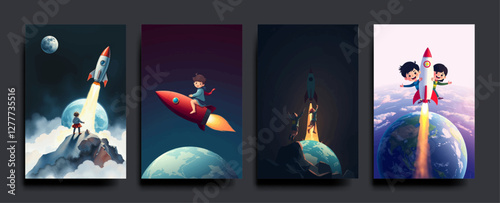 Set of The kids a rocket going out of the earth. E-learning and Business start up ideas. innovation and leader concept. vector acrylic painting Illustration.
