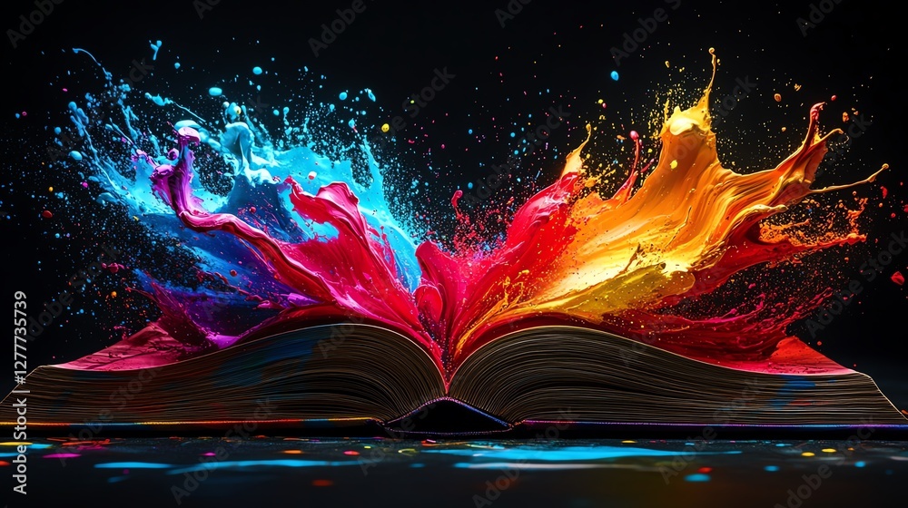 Obraz premium Open book with vibrant, multicolored paint splashes expanding outward, set against a stark black background, dynamic and bold art concept, ultrarealistic, 8K UHD