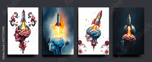 Set of The human brain and head has a rocket coming out of the earth. Business start up ideas. vector painting Illustration.