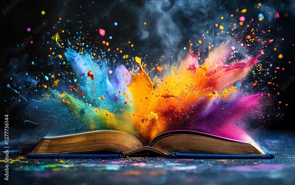 Obraz premium An open book with explosive, colorful paint splashes shooting outward on a dark background, bright vivid colors, abstract art, high contrast, 8K UHD