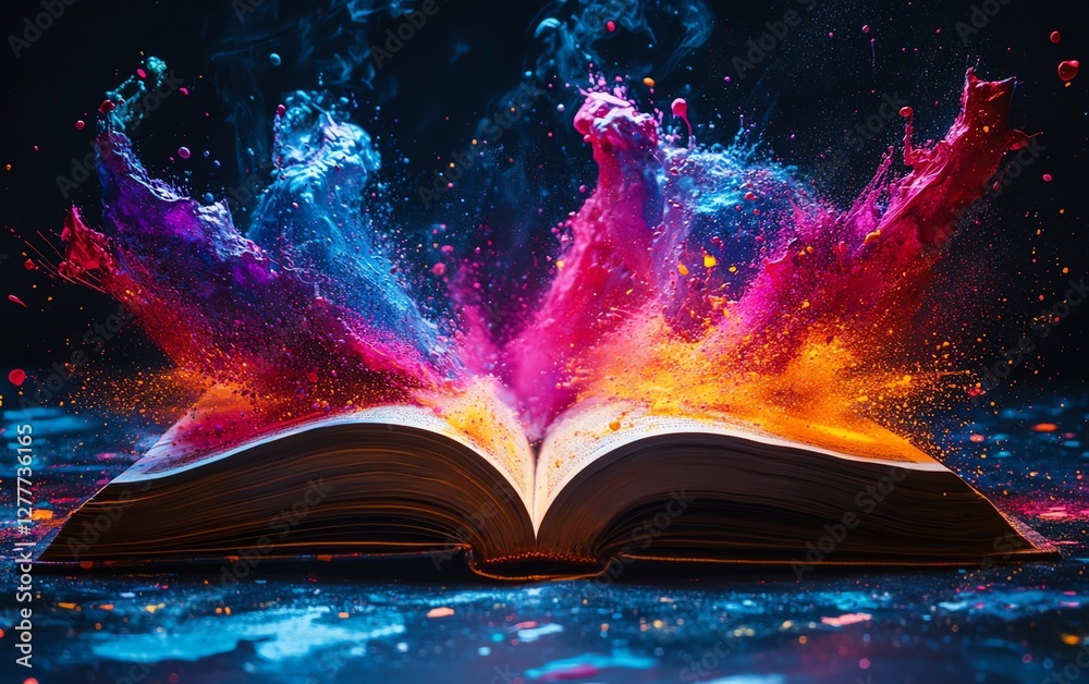 Obraz premium An open book with explosive, colorful paint splashes shooting outward on a dark background, bright vivid colors, abstract art, high contrast, 8K UHD