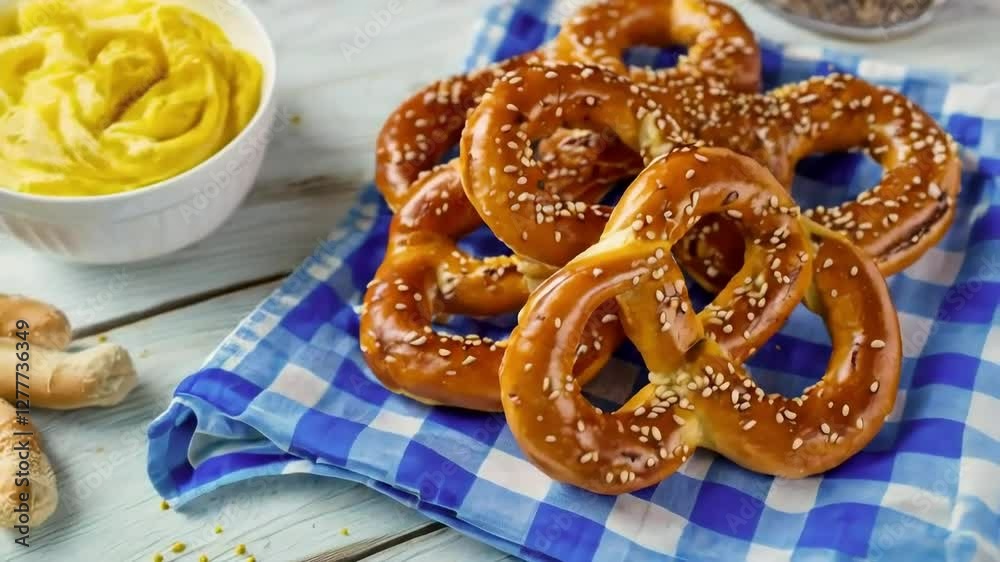 Sesame pretzels, mustard dip, blue gingham, wood table