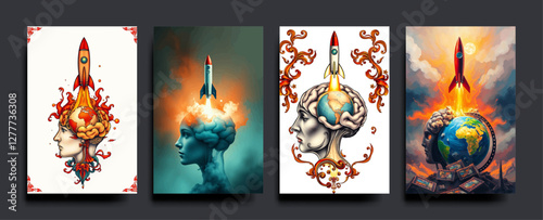 Set of The human brain and head has a rocket coming out of the earth. Business start up ideas. vector painting Illustration.