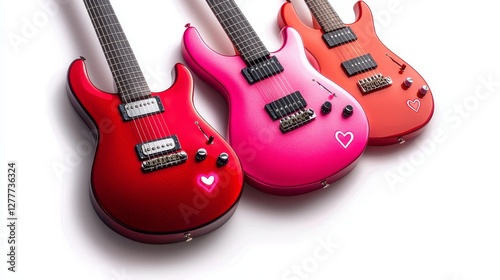 Modern electric guitars with metallic red and pink finishes, glowing heart stickers, isolated white background