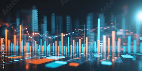 A digital rendering of financial charts and graphs, glowing with data points against an abstract 