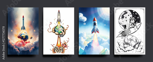 Set of The human brain and head has a rocket coming out of the earth. Business start up ideas. vector painting Illustration.