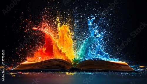 Wallpaper Mural Colorful paint bursts from an open book on a black background, creating a dynamic and energetic composition of vibrant hues, high contrast, ultrarealistic, 8K UHD Torontodigital.ca