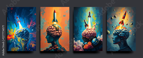 Set of The human brain and head has a rocket coming out of the earth. Business start up ideas. vector painting Illustration.