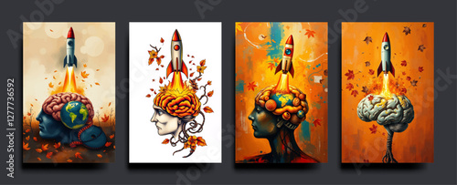 Set of The human brain and head has a rocket coming out of the earth. Business start up ideas. vector painting Illustration.