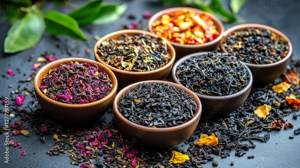 Assortment of Dried Loose Leaf Teas in Bowls Assortment of Dried Loose Leaf Teas in Bowls